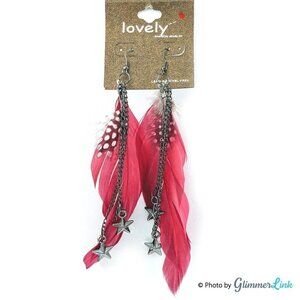 Lovely Long Pink & Polka Dot Feather Earrings with Dangling Stars